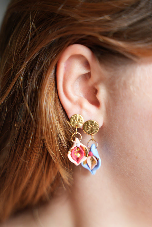 Vulva Ohrringe | 2 Paar | Rosa, Pink, Blau mit Blattgold