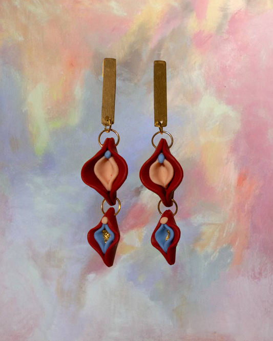 Vulva Ohrringe | Rosa, Pink, Blau mit Blattgold